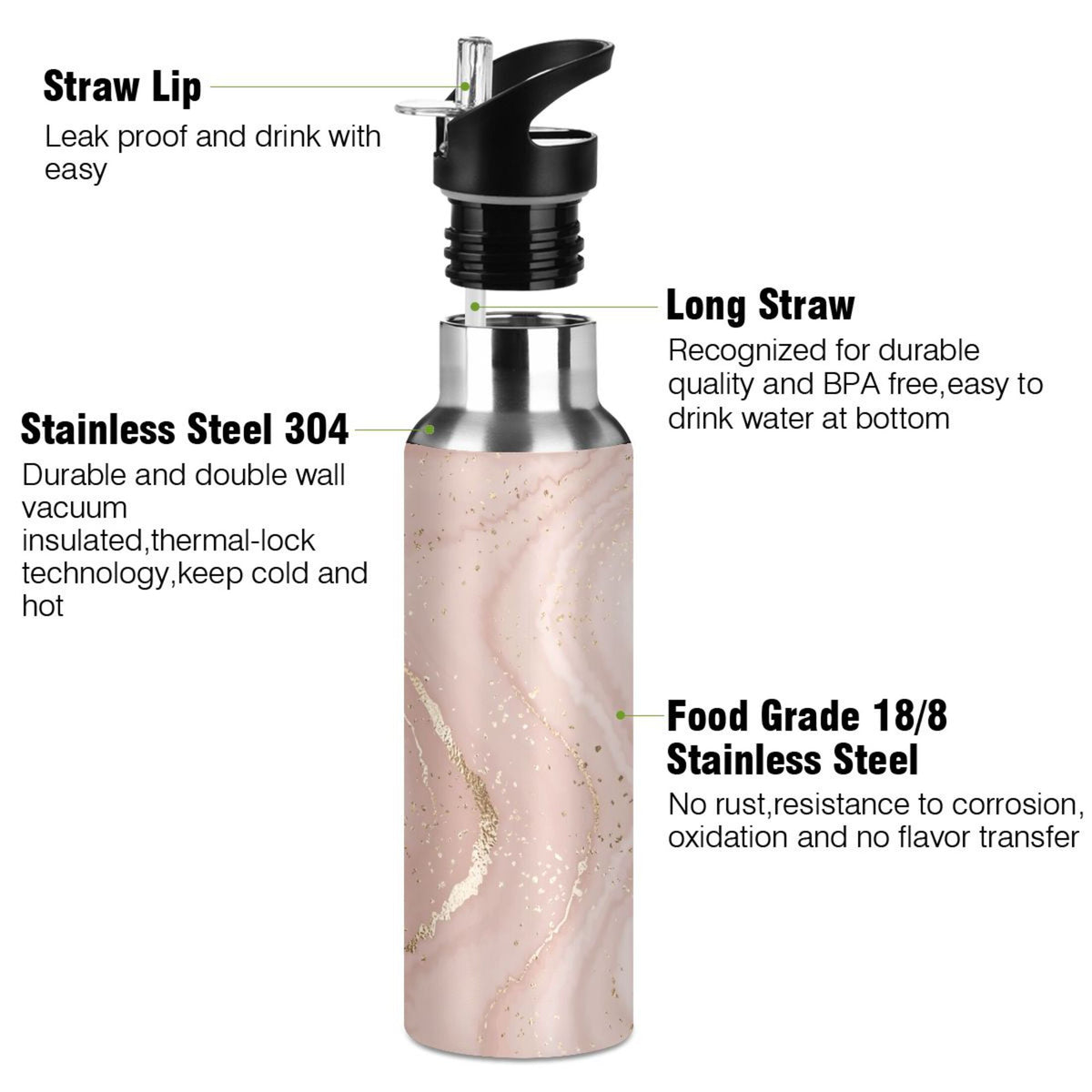 Pink Marble Stainless Steel Insulated Water Bottle with Straw Lid Z230
