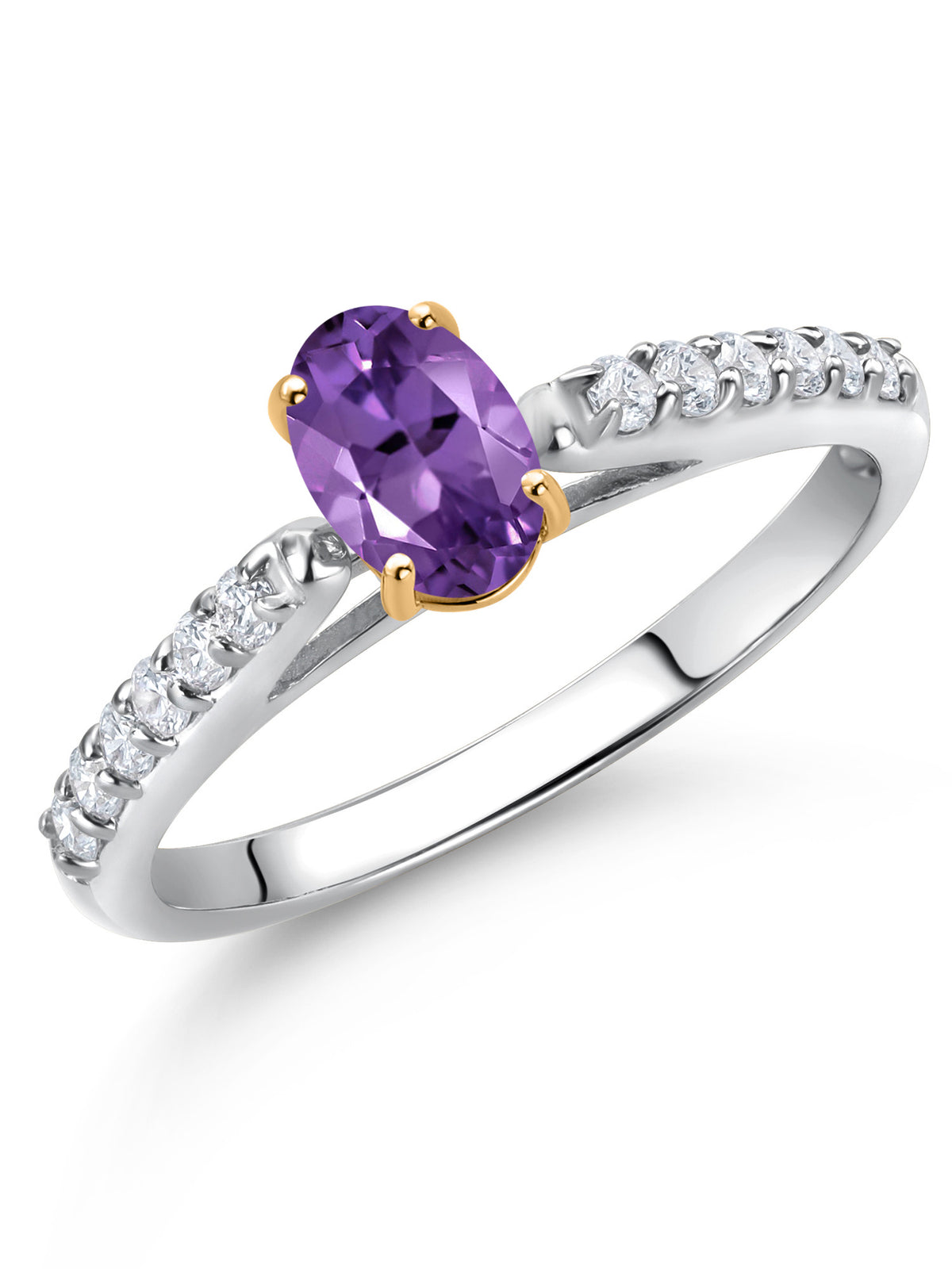 925 Sterling Silver 10K Yellow Gold Purple Amethyst White Lab Grown Diamond Engagement Ring (0.63 Cttw, Oval 6X4MM) F6812