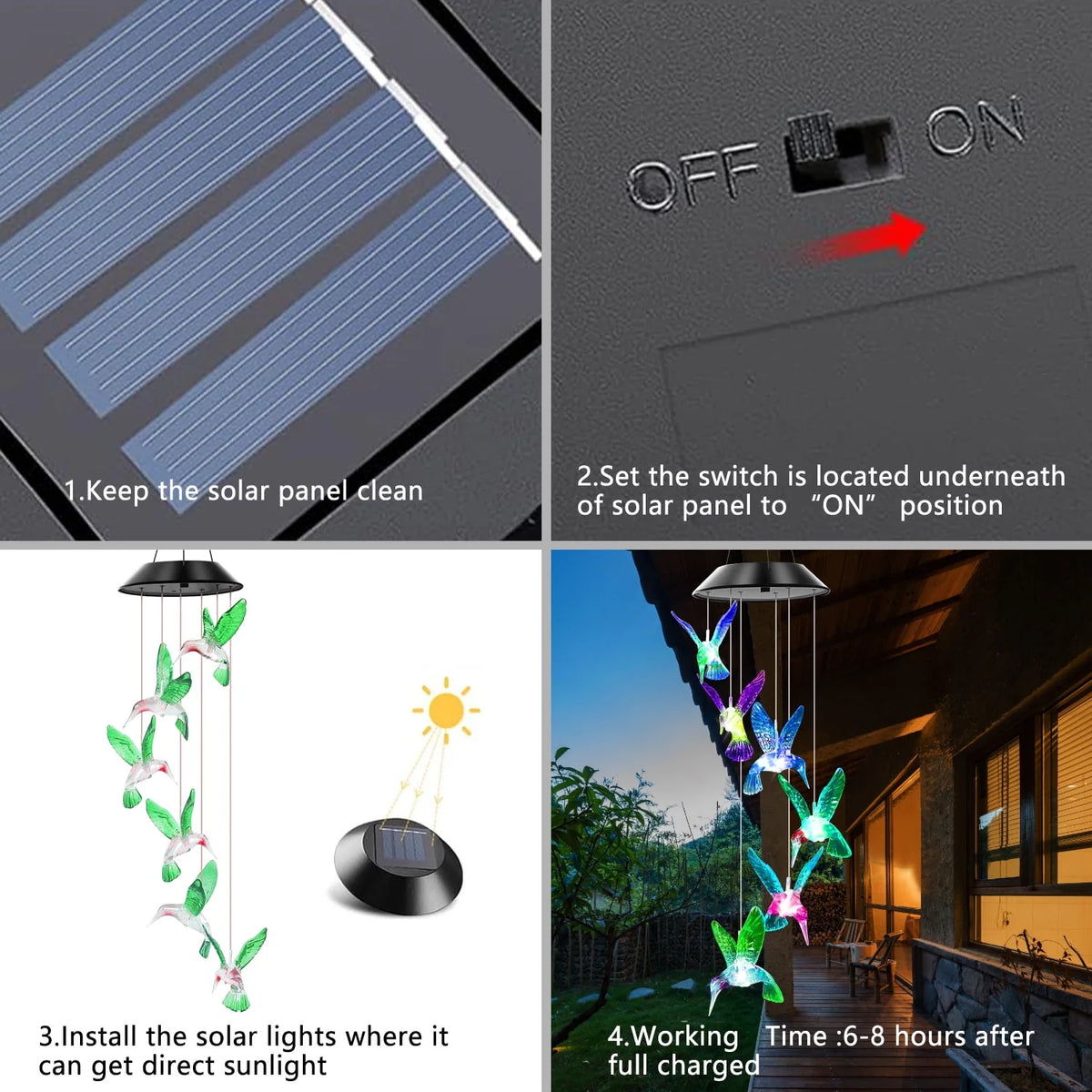 Solar Hummingbird Wind Chime with Color Changing LED Light S219