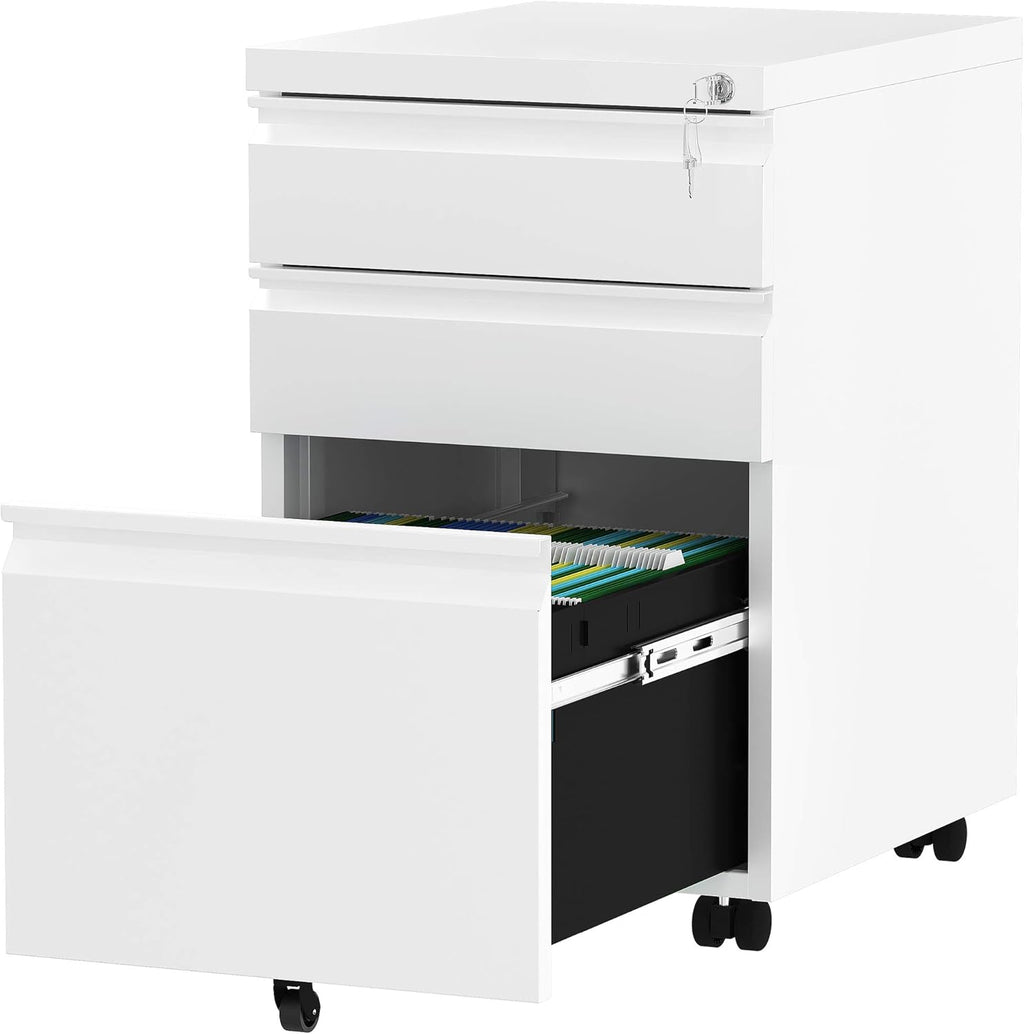 White 3-Drawer Mobile Metal File Cabinet with Lock T88127