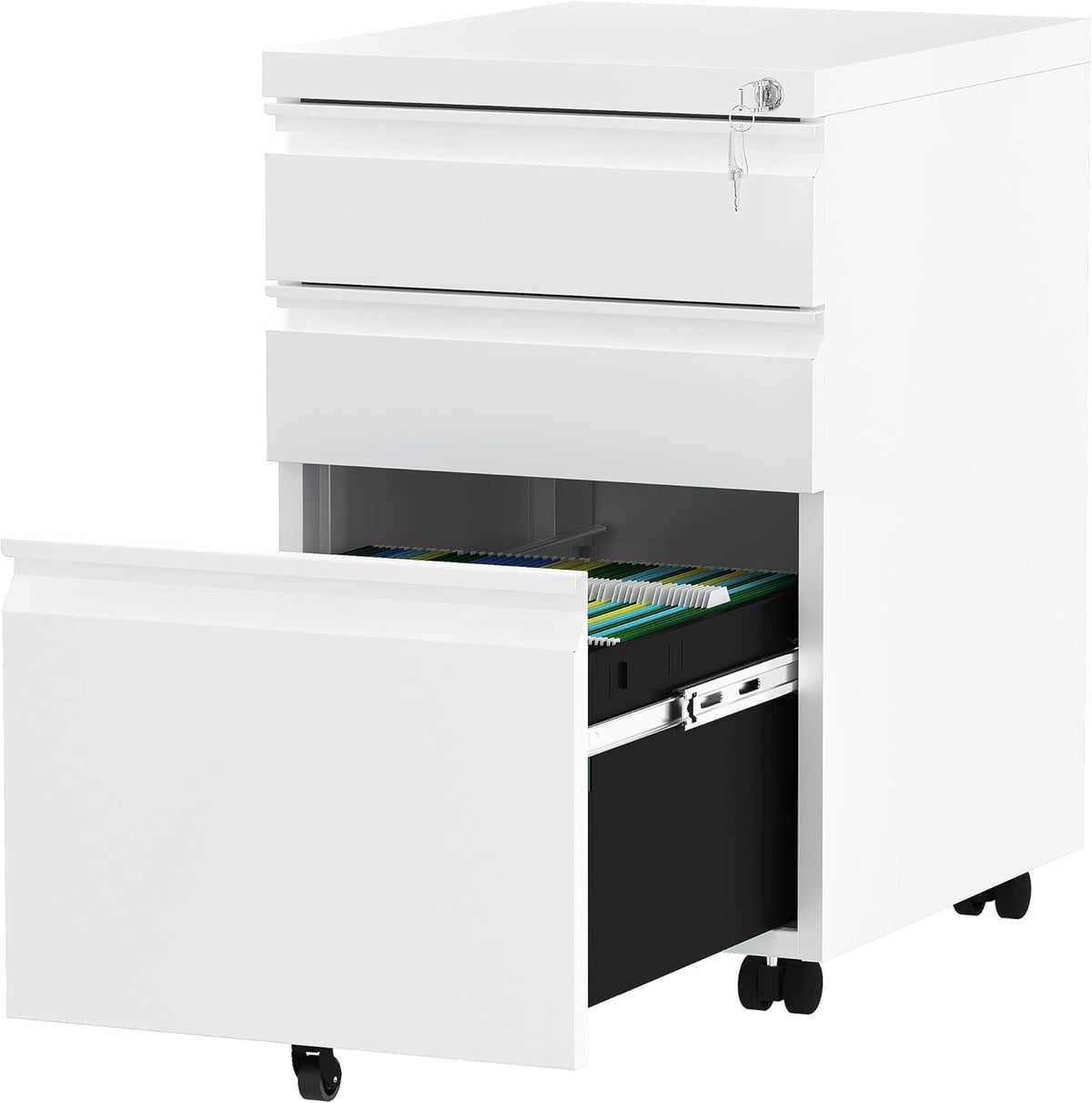 White 3-Drawer Mobile Metal File Cabinet with Lock T88127