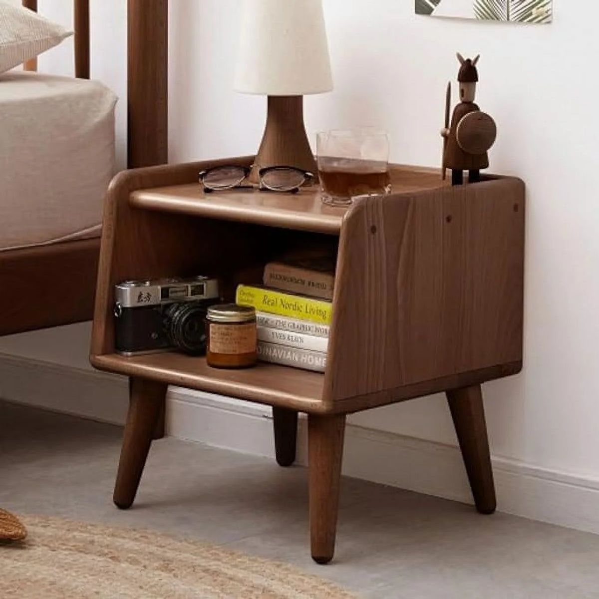 Solid Wood Walnut Finish Mid Century Nightstand E434