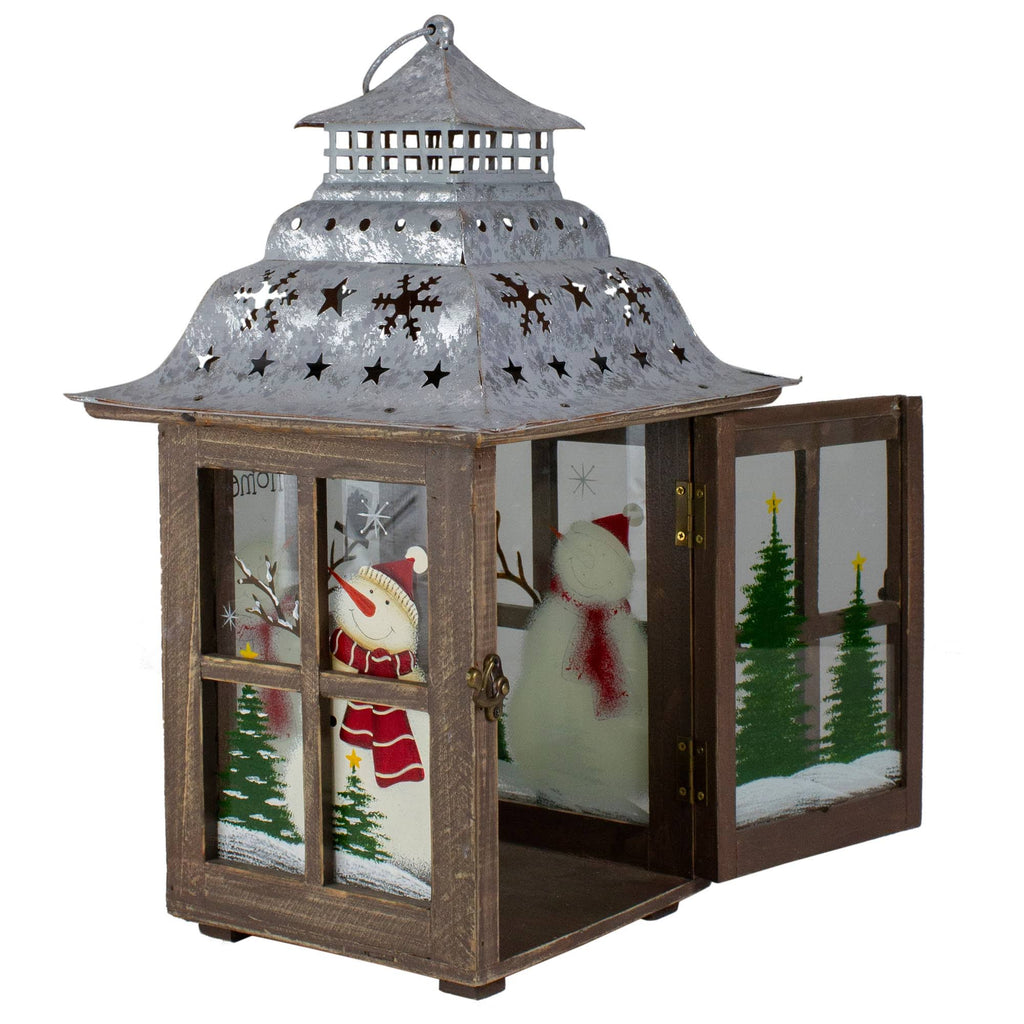 Rustic Wooden Snowman Holiday Scene Christmas Pillar Candle Lantern J631459