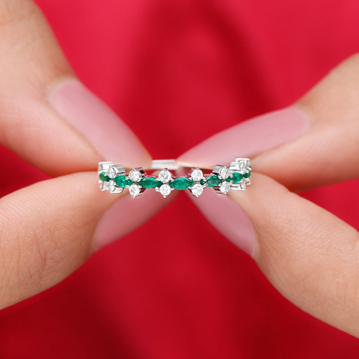 Marquise Emerald Ring with Diamond, 925 Sterling Silver M53263