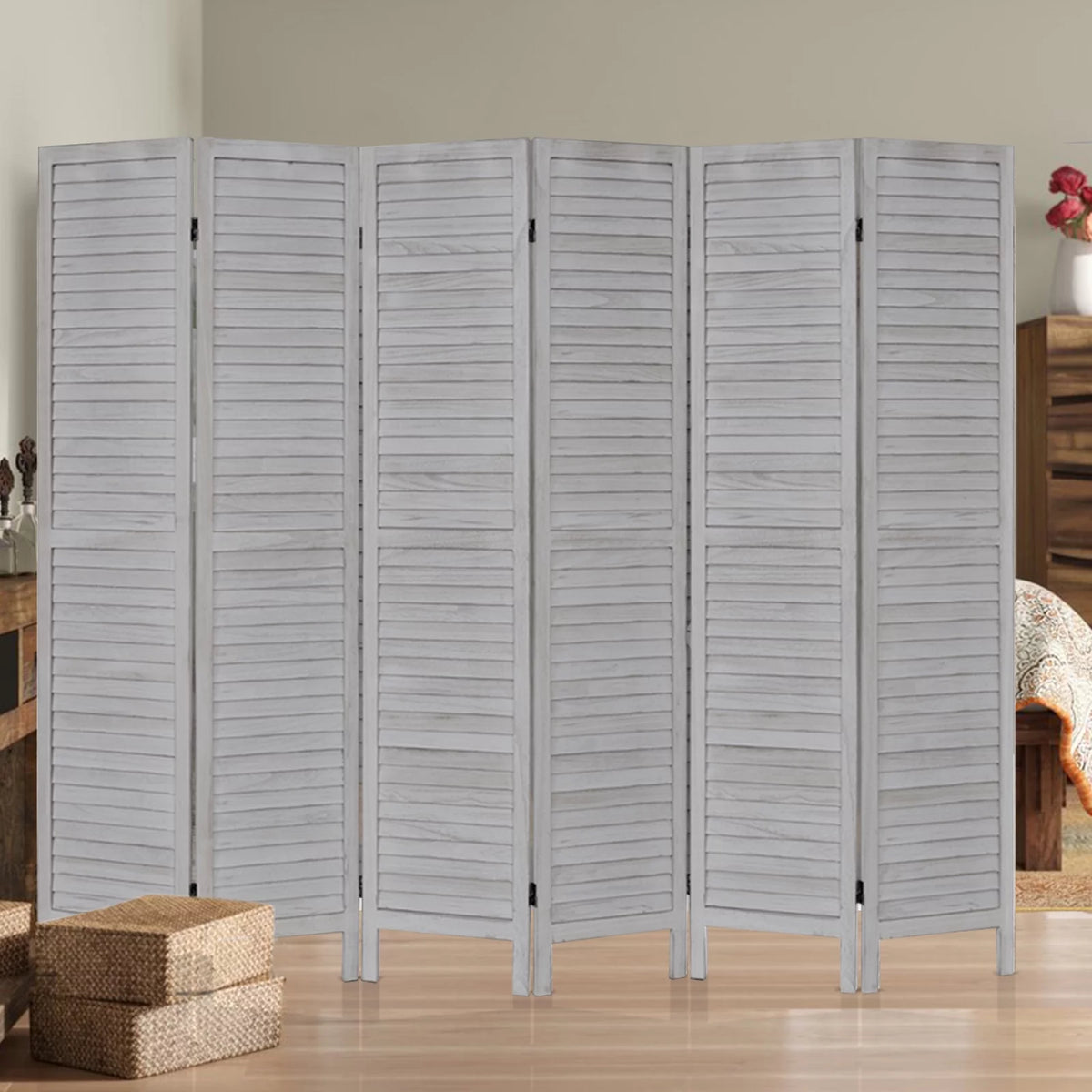 6 Panel Gray Wood Room Divider J821