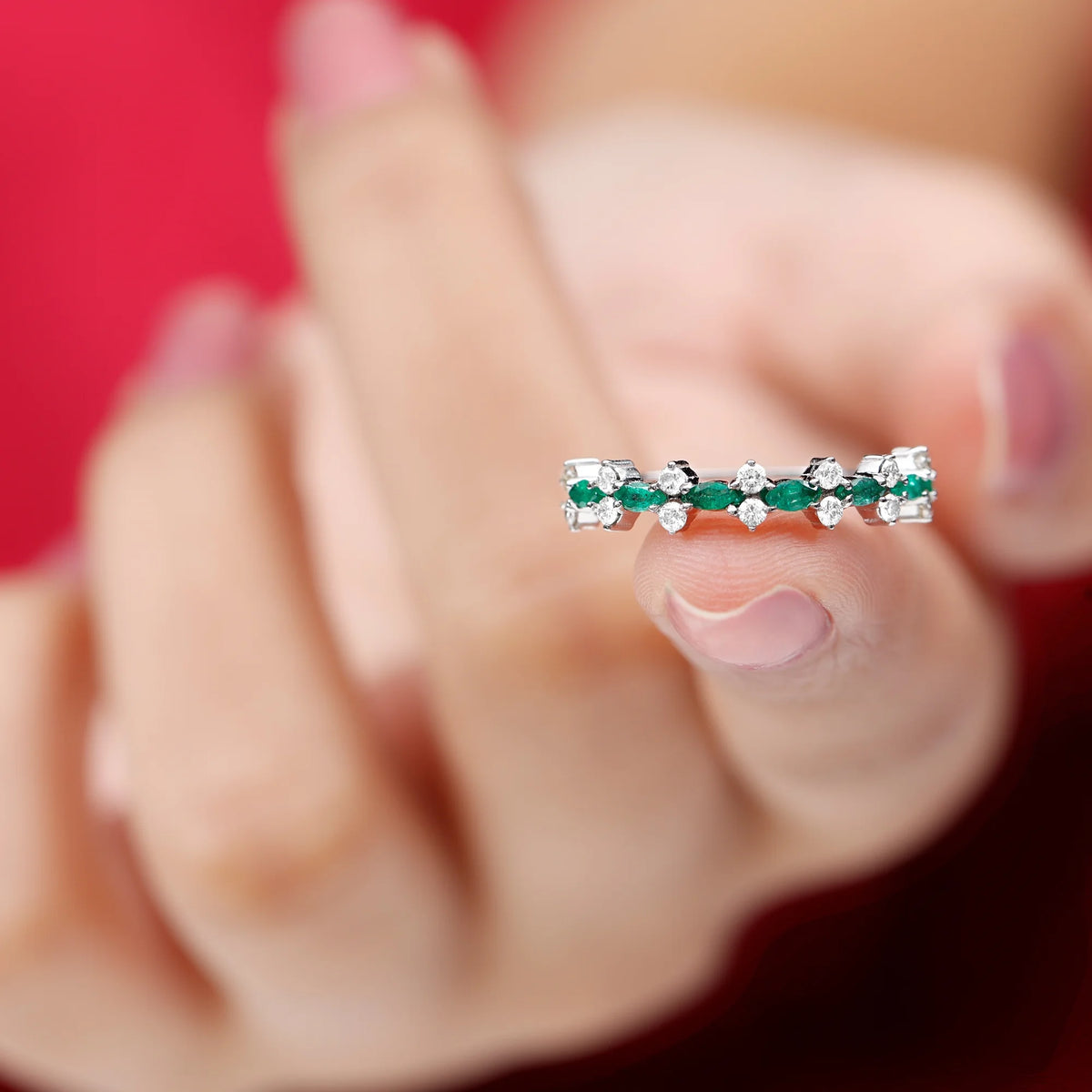 Marquise Emerald Ring with Diamond, 925 Sterling Silver M53263