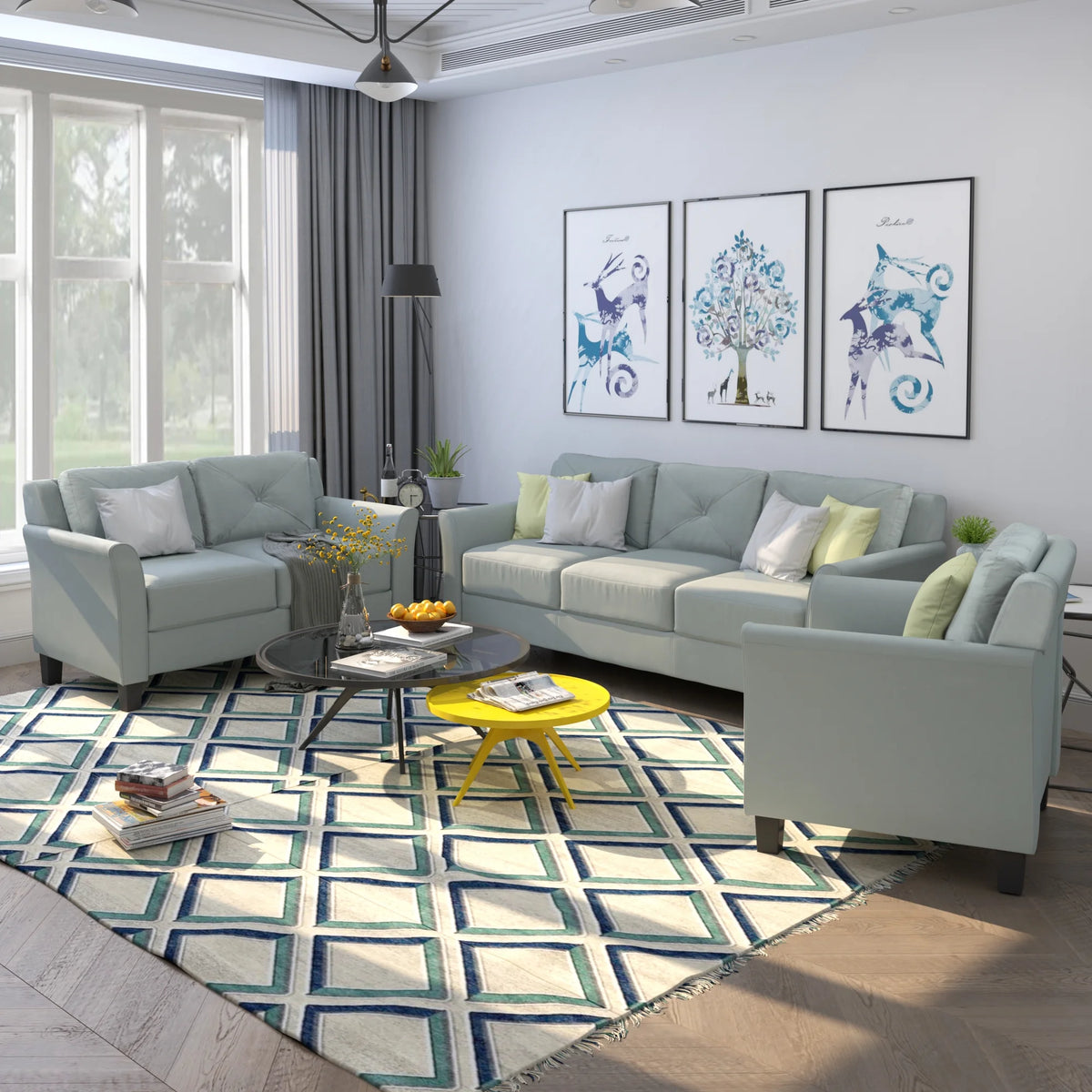 Button Tufted 3 Piece Chair Loveseat Sofa Set K5656