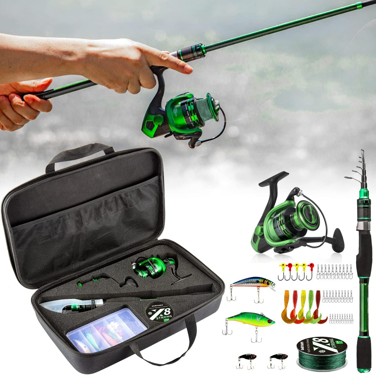 Collapsible Fishing Rod and Reel Combo with Carrier Bag T34889