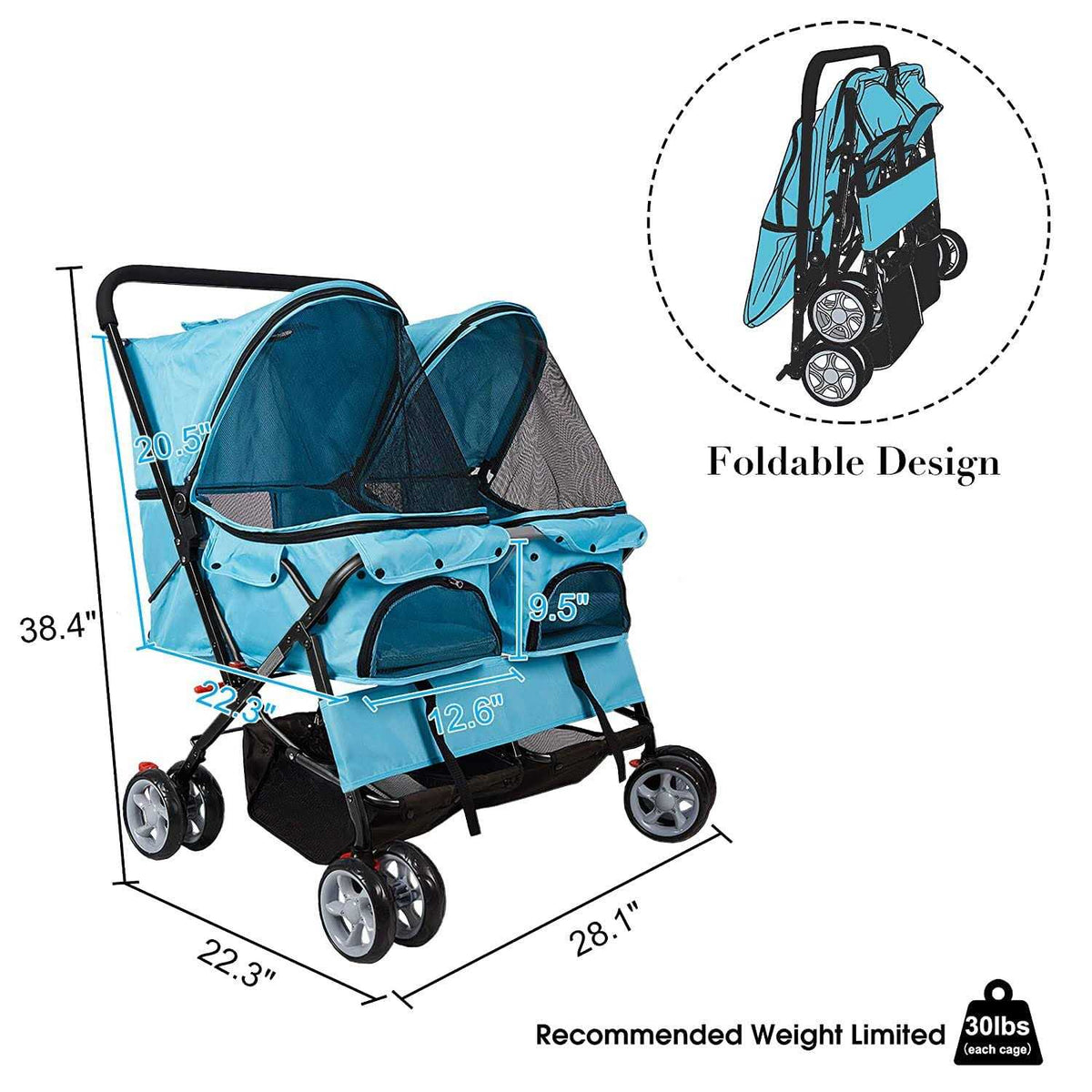 Double Pet Stroller Foldable Two-Seater Carrier Strolling Cart S958421