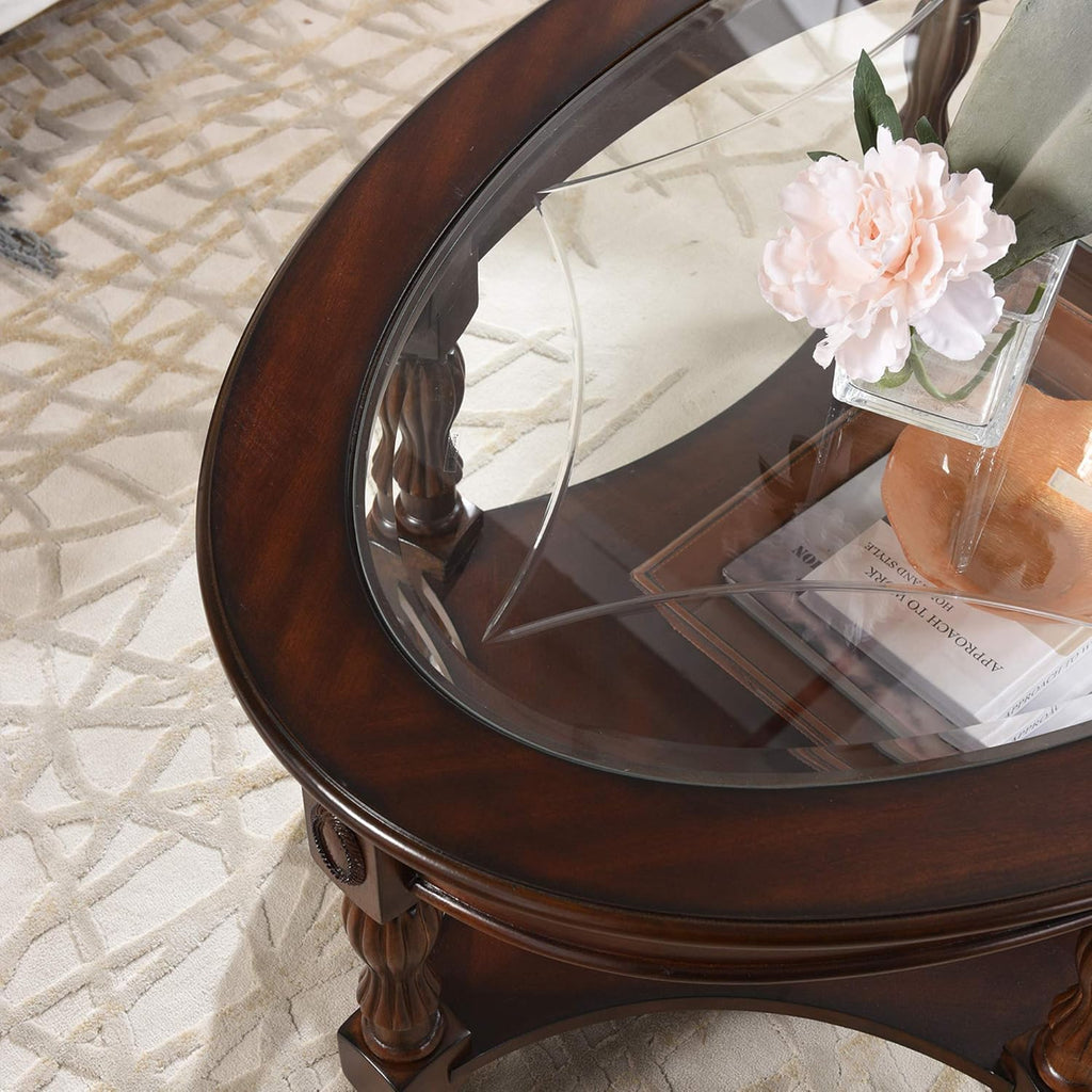 Solid Wood End Table with Tempered Glass and Storage Shelf J1800