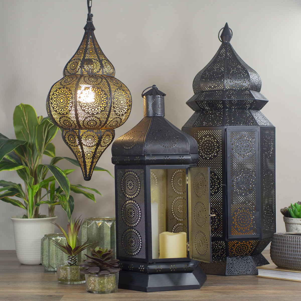 Black and Gold Moroccan Style Cut-Out Floor Pillar Candle Lantern K627