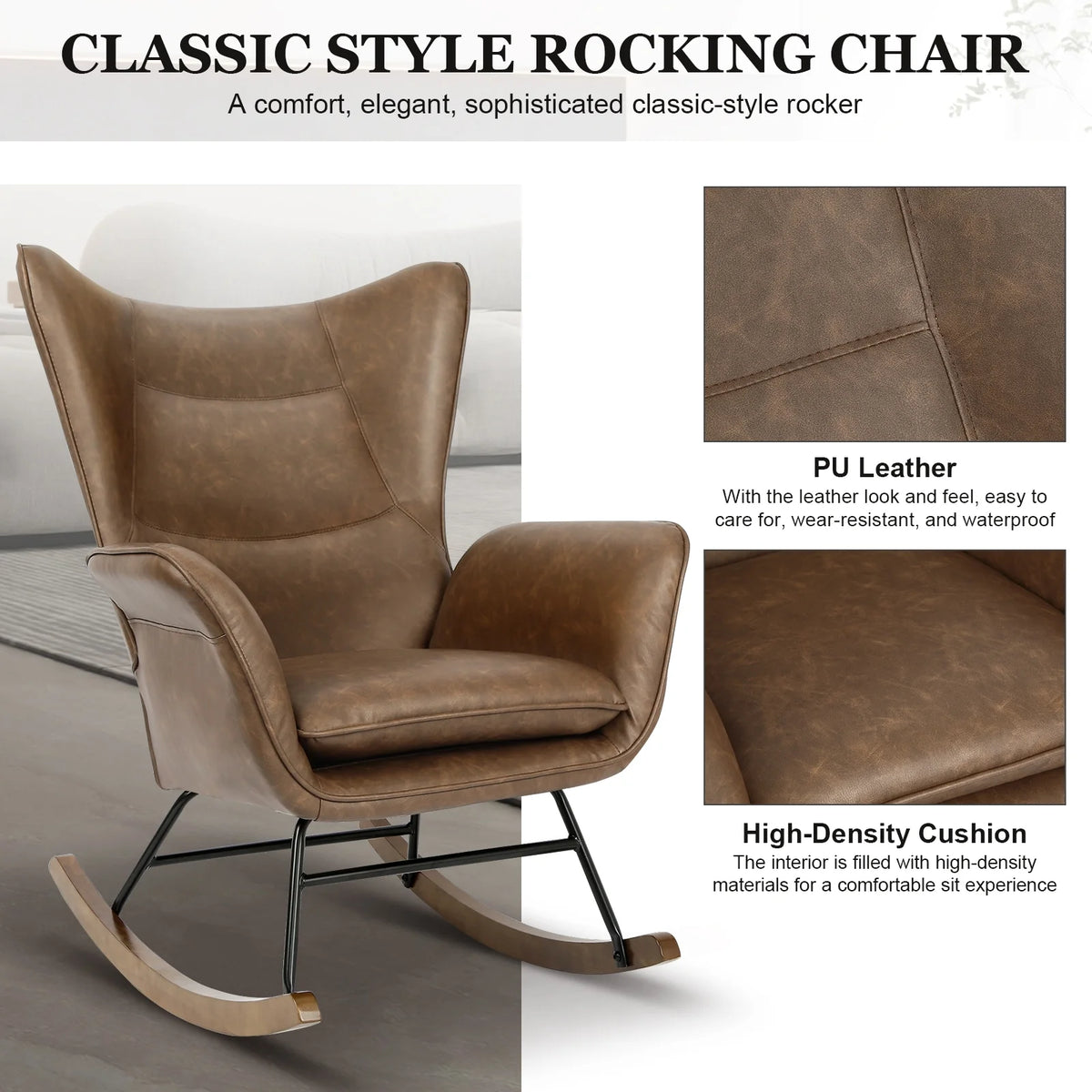 Brown PU Leather Rocker Glider Chair with Wooden Base L700832