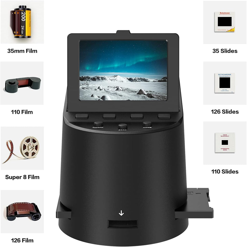 Wireless Digital Film Scanner with 22MP, Converts 35mm, 126, 110, Super 8 Films, Slides, Negatives to JPEG, Tilt-Up 3.5 Large LCD, Transfer Pictures to Phones Via WiFi Connection, MAC &PC Compatible A401