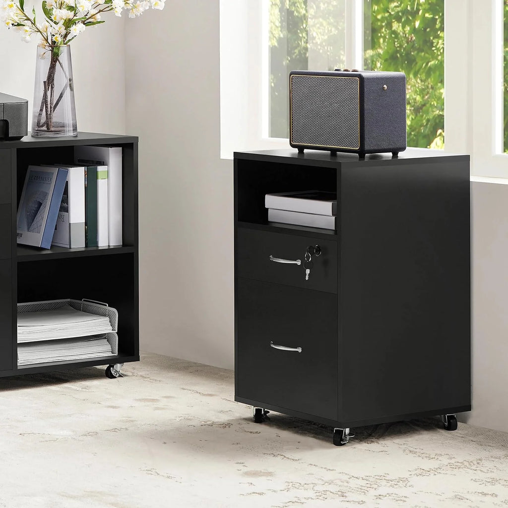 2pcs Mobile File Cabinet Letter Size Filing Cabinet with Printer Stand Black Rustic Brown A8056