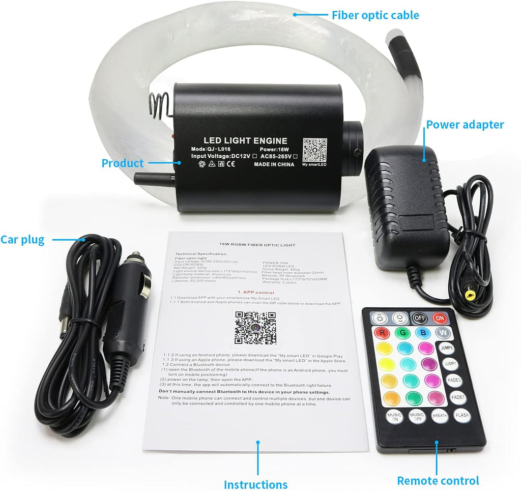 16W Fiber Optic Lights Starlight Headliner Light Kit with Remote Control, 150pcs 6.5ft Optical Fiber Cable Strands G318