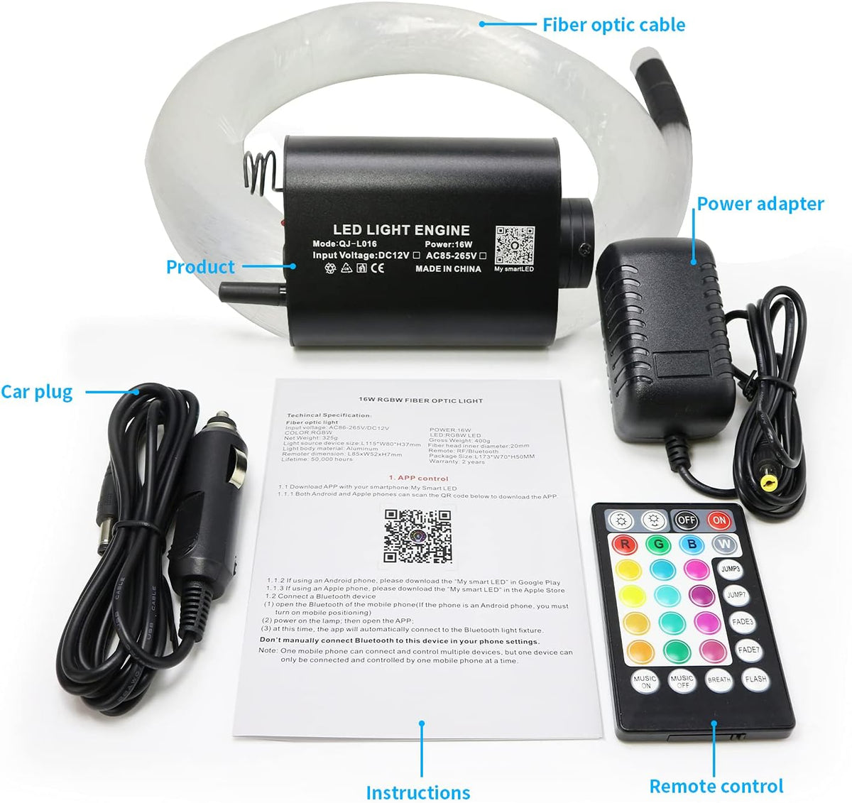 16W Fiber Optic Lights Starlight Headliner Light Kit with Remote Control, 150pcs 6.5ft Optical Fiber Cable Strands G318
