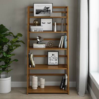 Solid Wood Ladder Bookcase Light Golden Brown 5 Shelves D7610