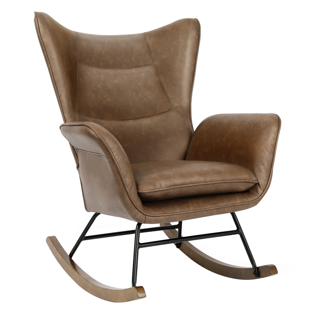 Brown PU Leather Rocker Glider Chair with Wooden Base L700832