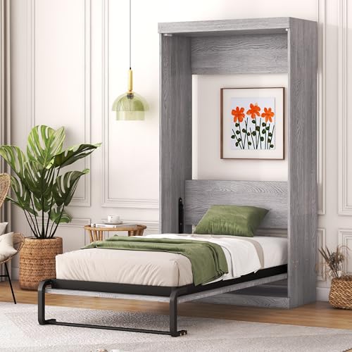 Full Size Murphy Bed with Storage Shelves and Drawers, Gray A2208