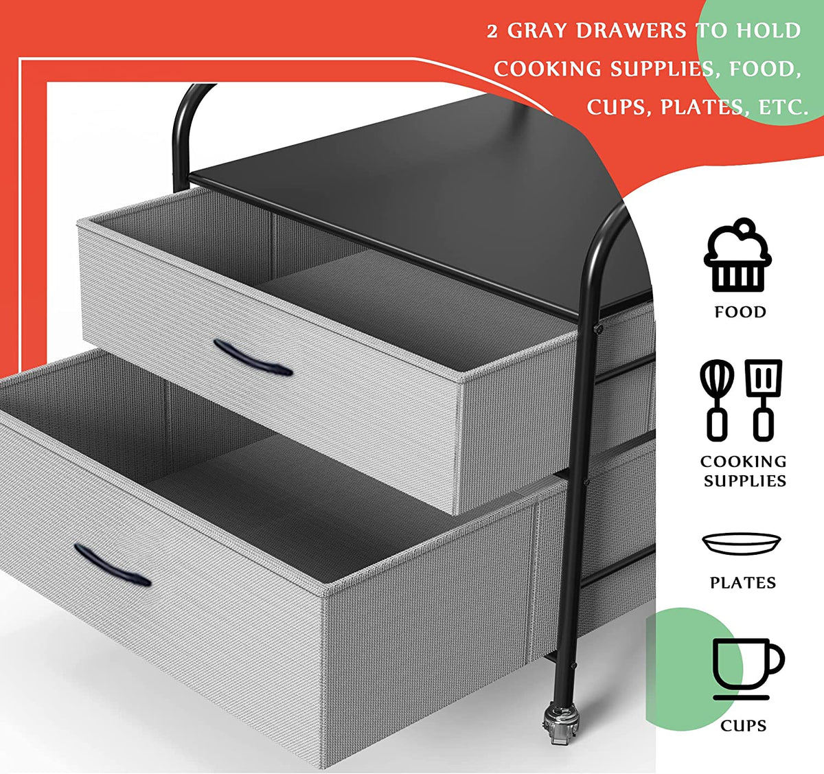Fridge Stand with Storage, 2 Drawer, Metal Frame, 4 Swivel Wheels Y35346