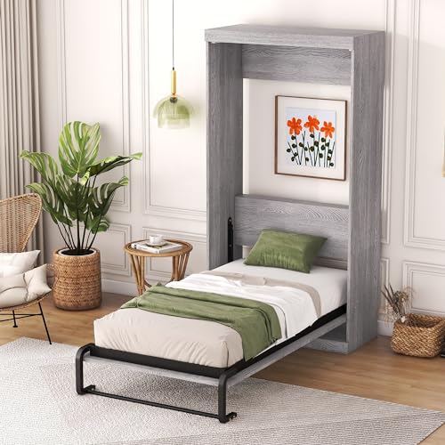 Full Size Murphy Bed with Storage Shelves and Drawers, Gray A2208