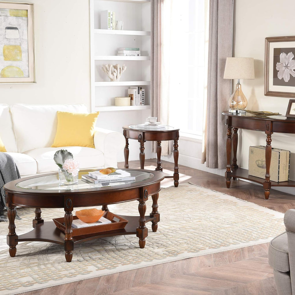 Solid Wood End Table with Tempered Glass and Storage Shelf J1800