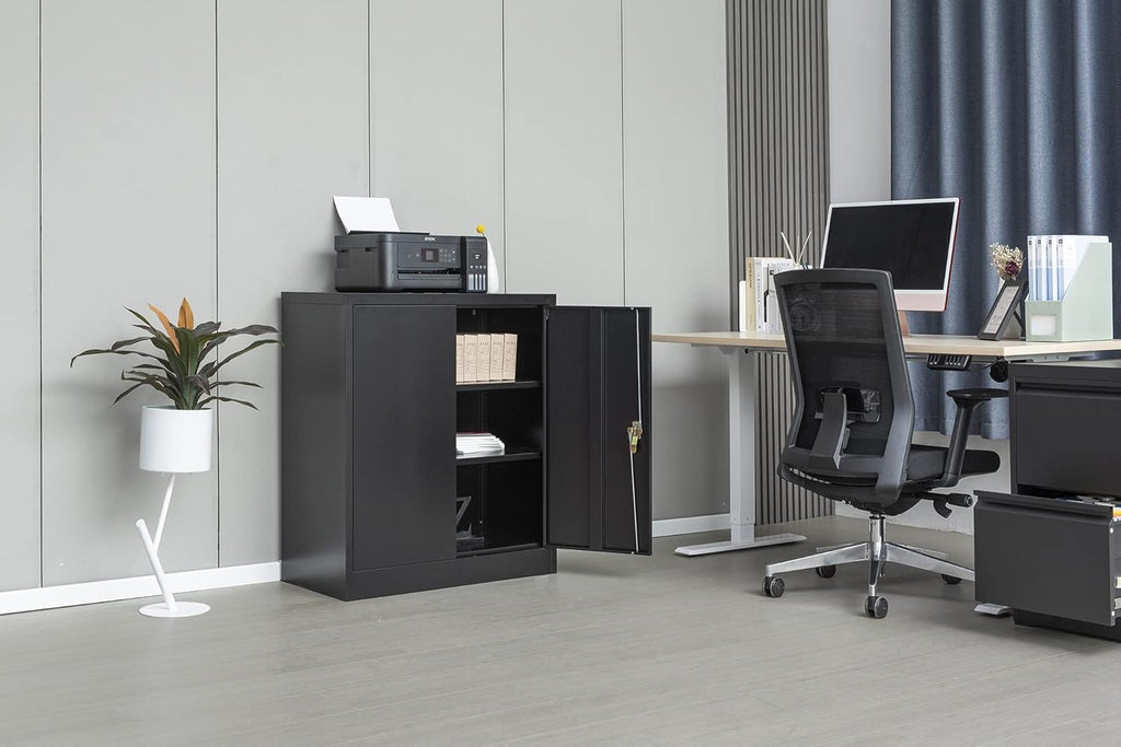 Metal Storage Cabinet with 2 Shelves and 2 Doors, Steel Locking Cabinet, 36.2 H x 31.5 W x 15.7 D (Black) U41164