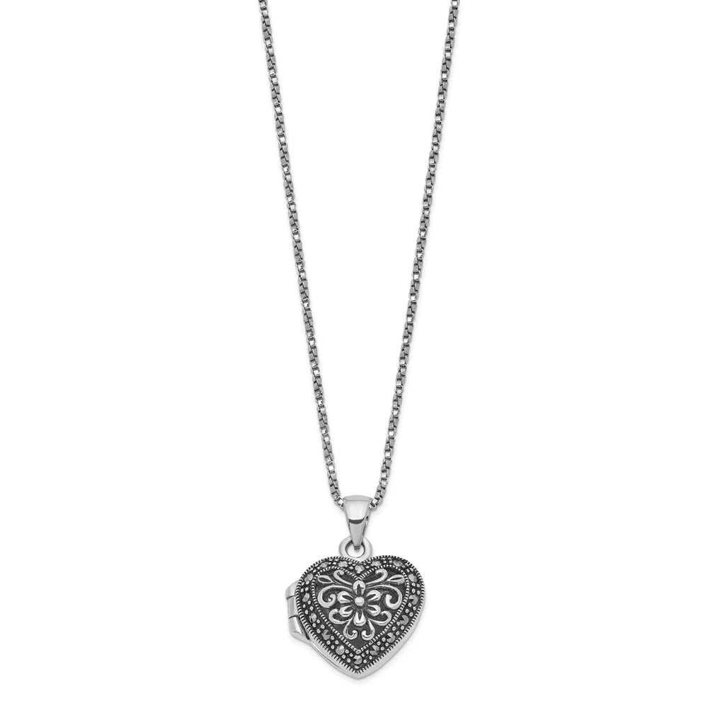 925 Sterling Silver Marcasite Heart Locket Necklace 18" E2920