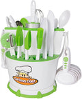 30-Piece White/Green Plastic Cookware Set with Real Utensils J26438