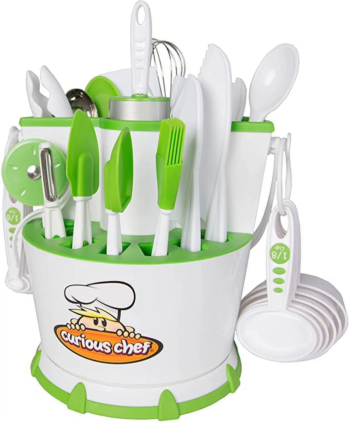 30-Piece White/Green Plastic Cookware Set with Real Utensils J26438