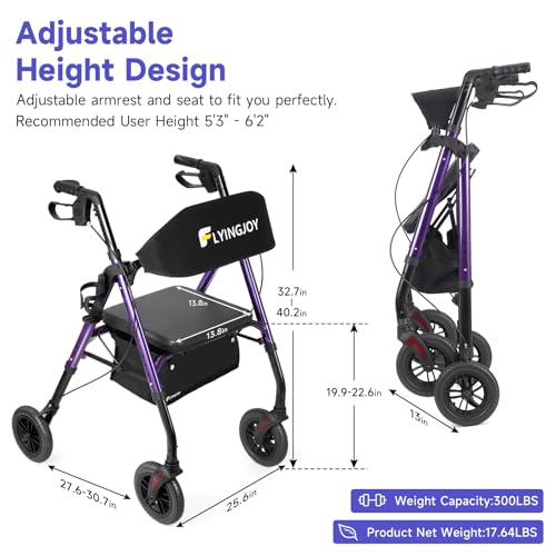 Blue 8" 4 Wheels Rollator Walker with Seat Locking Brakes Adjustable Seat and Arms Aluminum Foldable Removable Back Support 300 lbs B962