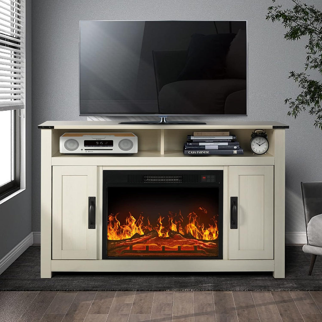 Rustic Brown Barn Door TV Stand with 2 Storage Cabinets and Open Shelves I779