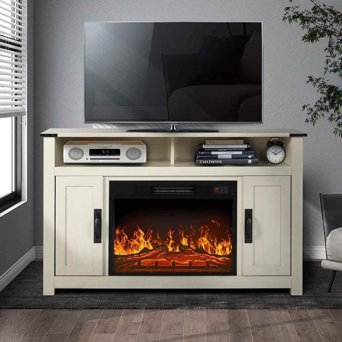 Rustic Brown Barn Door TV Stand with 2 Storage Cabinets and Open Shelves I779