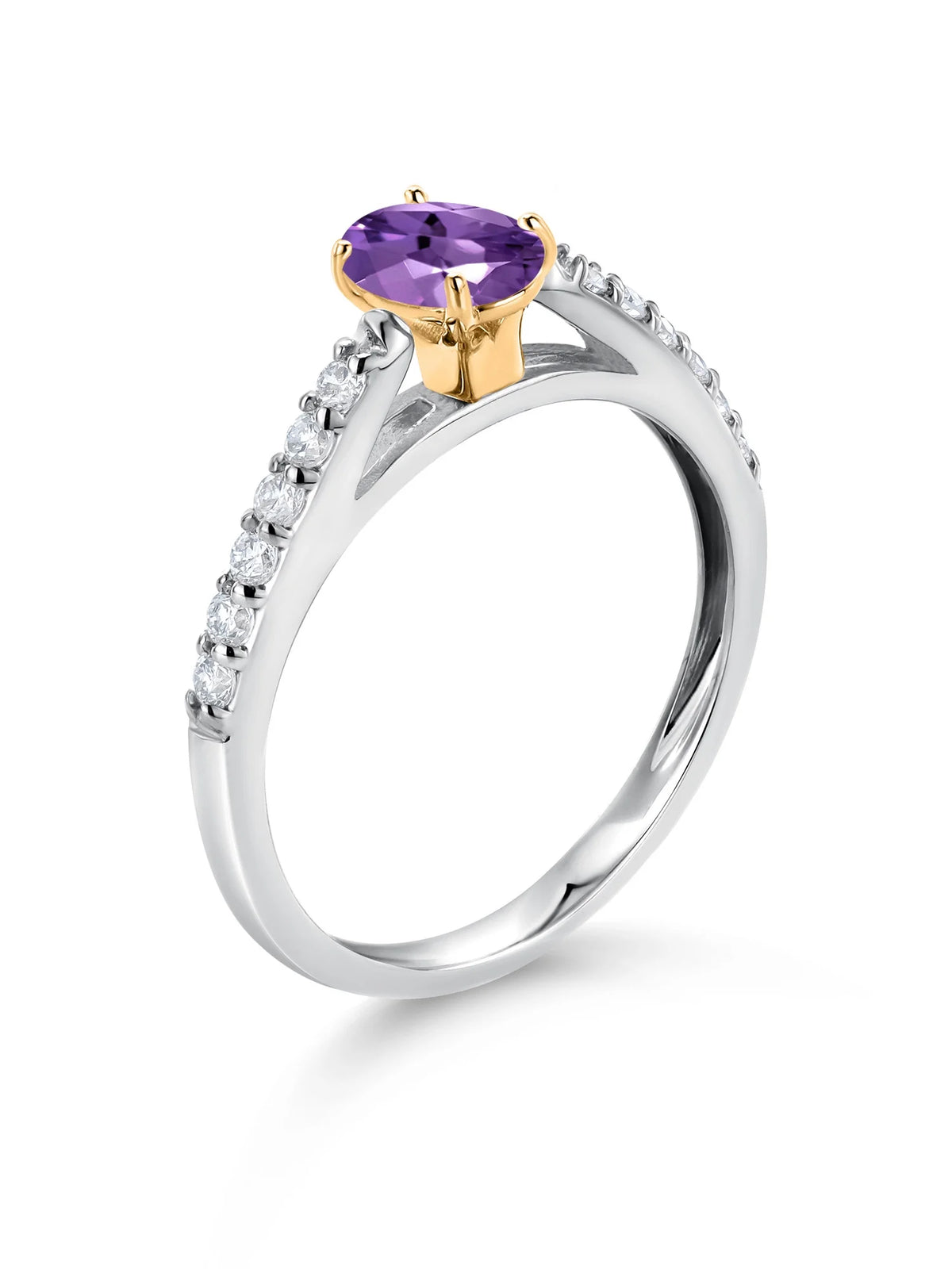925 Sterling Silver 10K Yellow Gold Purple Amethyst White Lab Grown Diamond Engagement Ring (0.63 Cttw, Oval 6X4MM) F6812