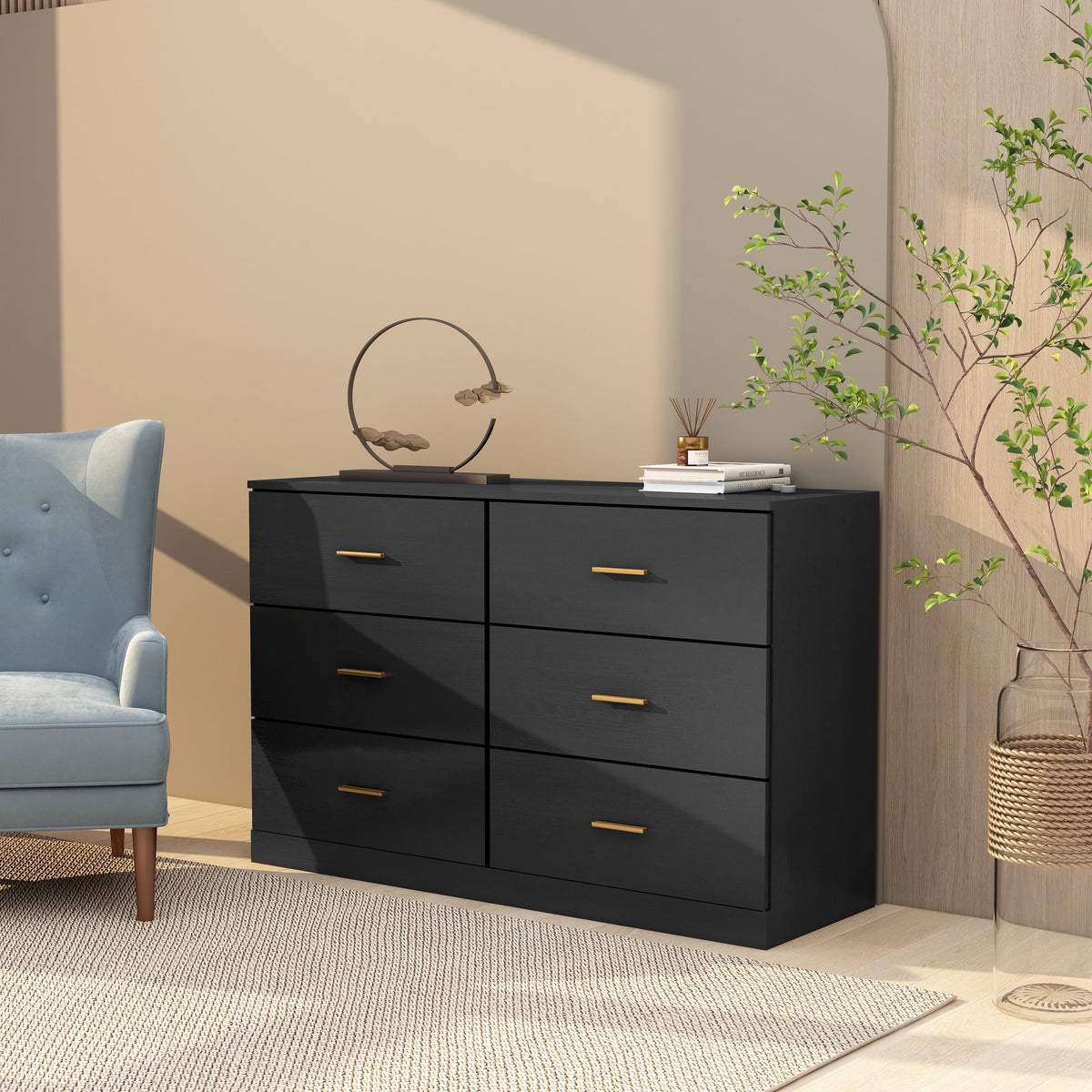 Black 6 Drawer Dresser with Doors Y949
