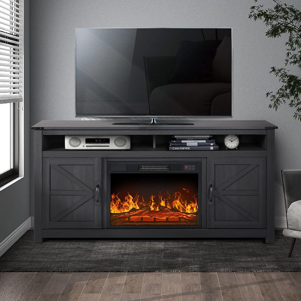 Rustic Brown Barn Door TV Stand with 2 Storage Cabinets and Open Shelves I779