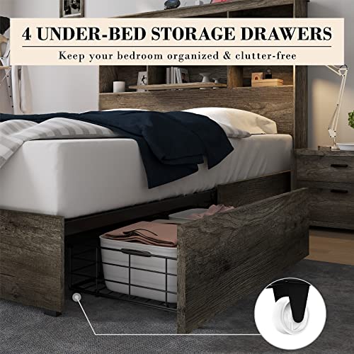 King Size Wooden Platform Bed with Storage Headboard and 4 Drawers H15279