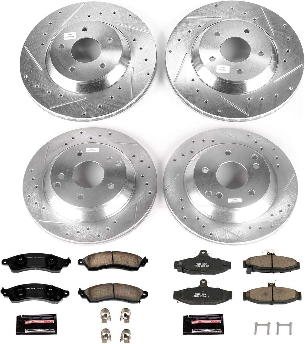 Front and Rear Carbon Fiber Brake Pads with Drilled & Slotted Brake Rotors Kit Y177385