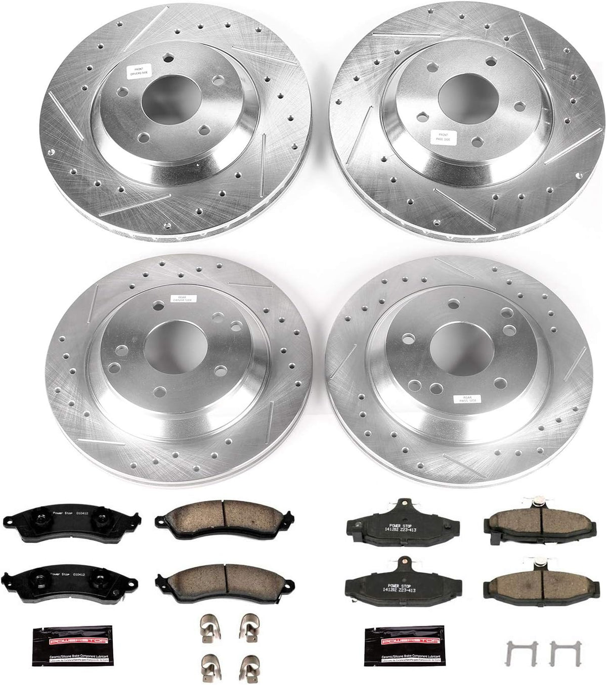 Front and Rear Carbon Fiber Brake Pads with Drilled & Slotted Brake Rotors Kit Y177385