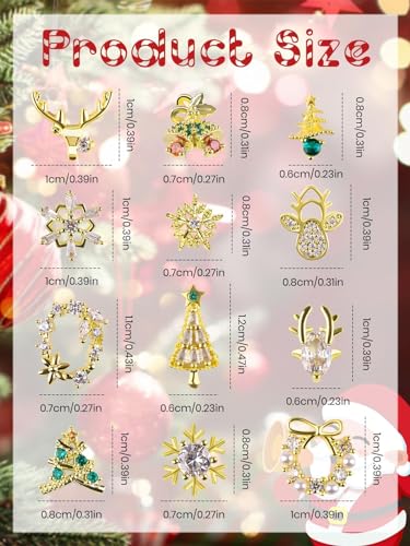 12PCS Christmas 3D Nail Charms Zircon Rhinestones Metal Nail Art Gems K342
