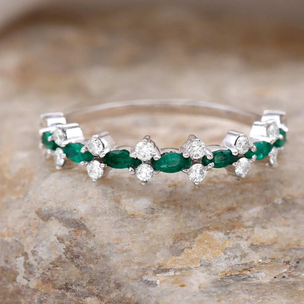 Marquise Emerald Ring with Diamond, 925 Sterling Silver M53263