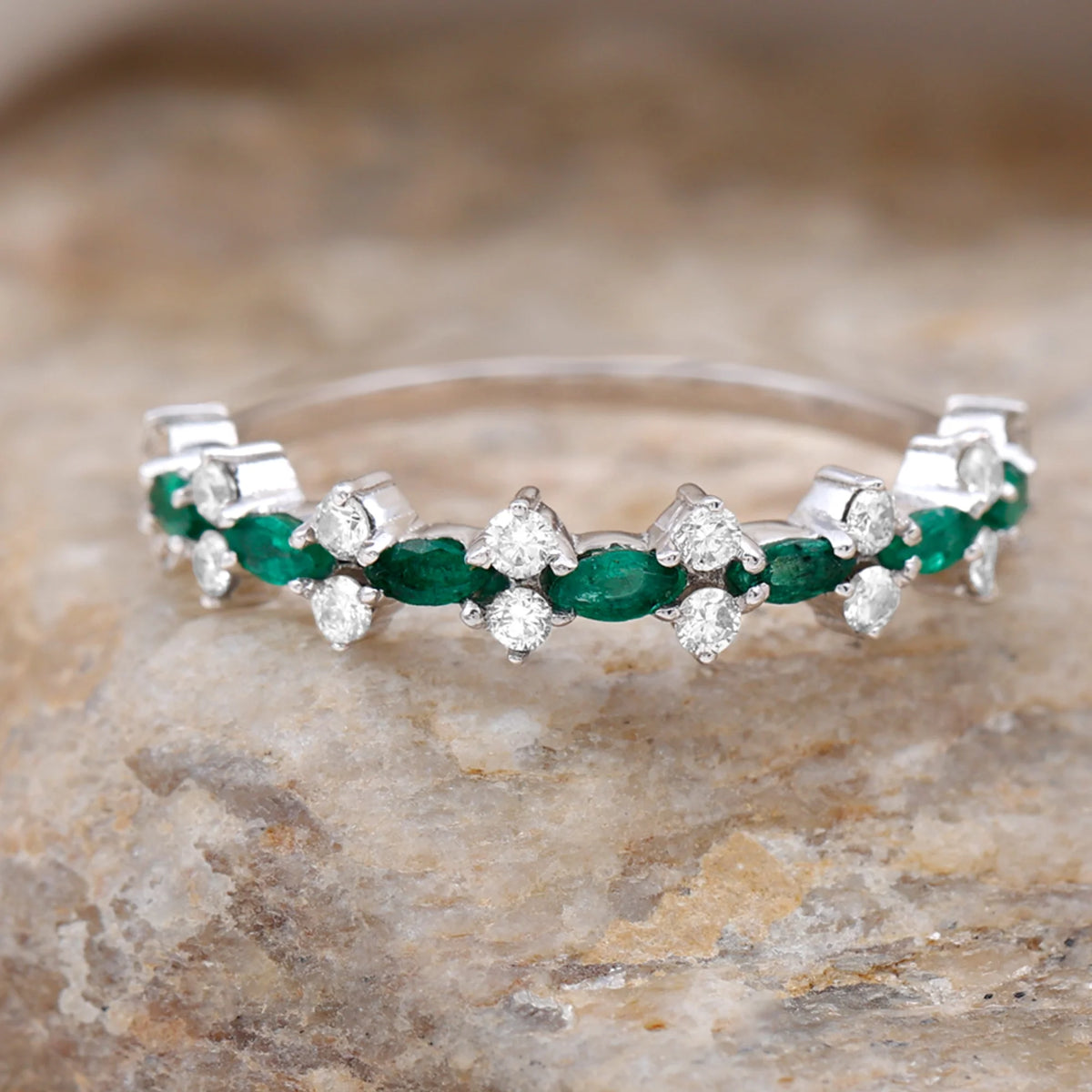 Marquise Emerald Ring with Diamond, 925 Sterling Silver M53263