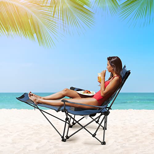 Camping Folding Chair with Foot Rest, Cup Holder, Removable Storage Bag (Blue) I600