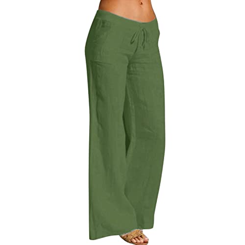 Women Linen Cotton Elastic Waist Drawstring Long Wide Leg Pants H668