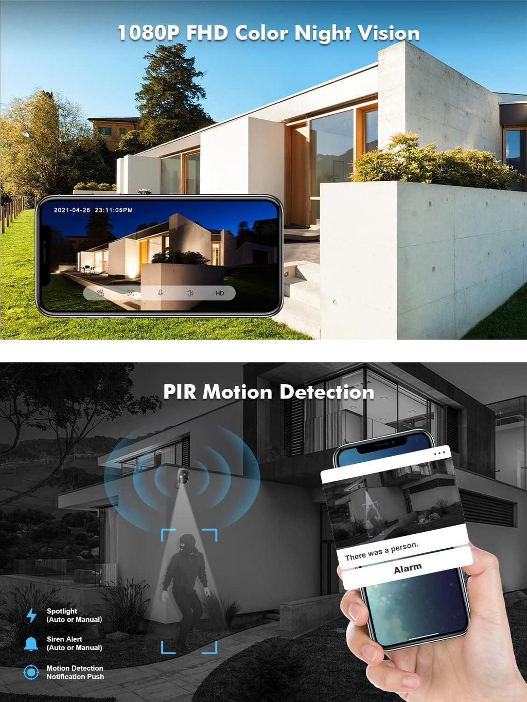 Wireless Outdoor Security Camera with Spotlight & Siren, 1080P Battery Powered WiFi Camera M2047