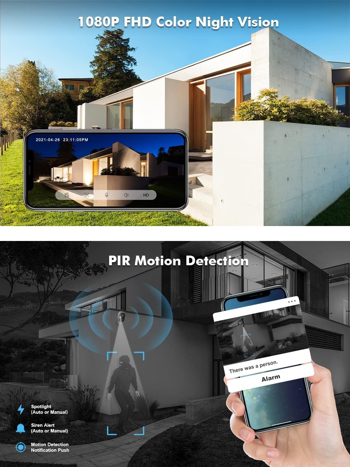 Wireless Outdoor Security Camera with Spotlight & Siren, 1080P Battery Powered WiFi Camera M2047