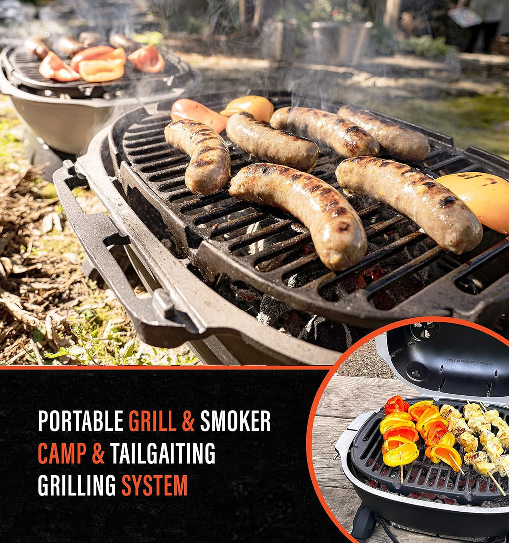 Portable Charcoal BBQ Grill and Smoker with Lid, Cast Iron Aluminum Outdoor Cooking Mini Barbecue Grills, Grey Q782805