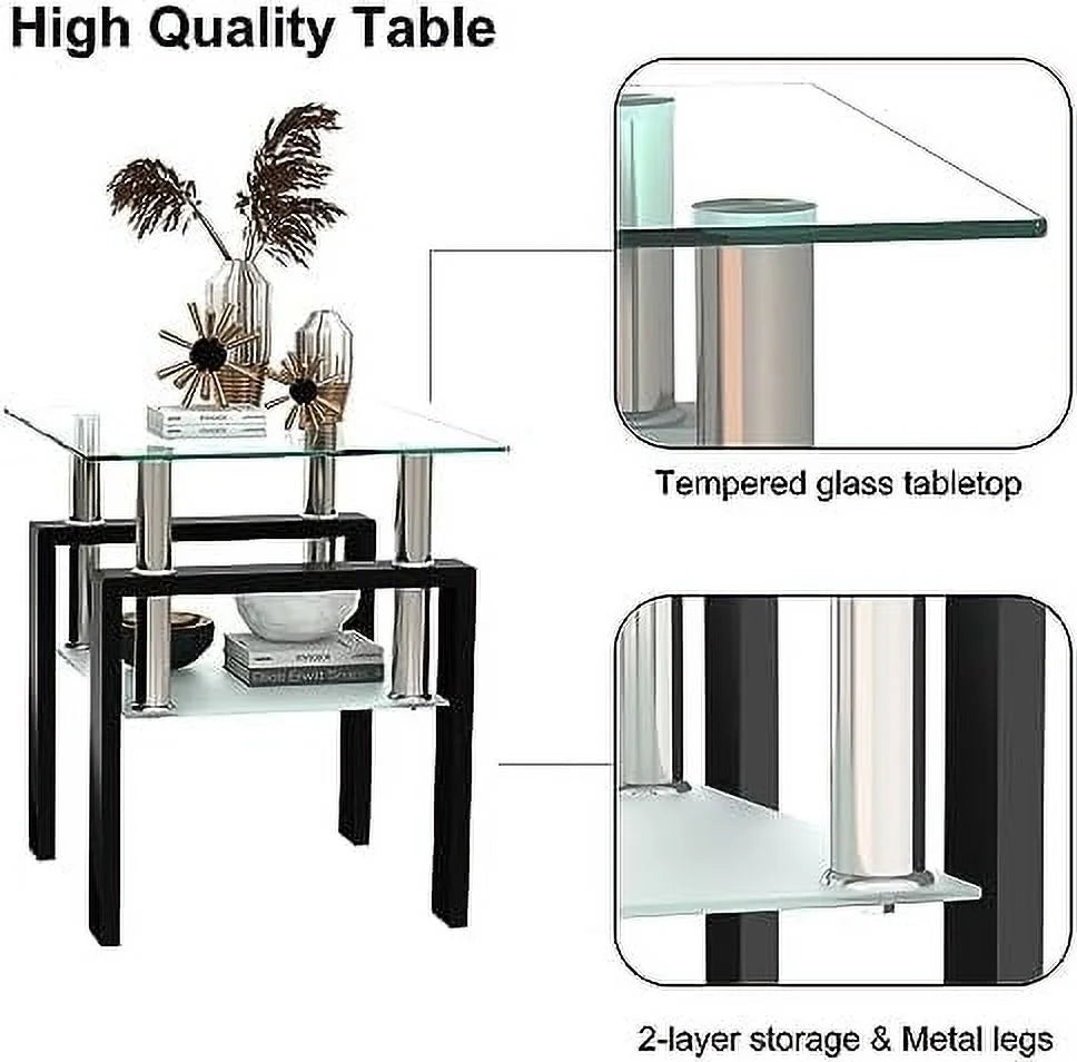 Glass Coffee Table End Table Sets of 3 White Metal Leg D875299