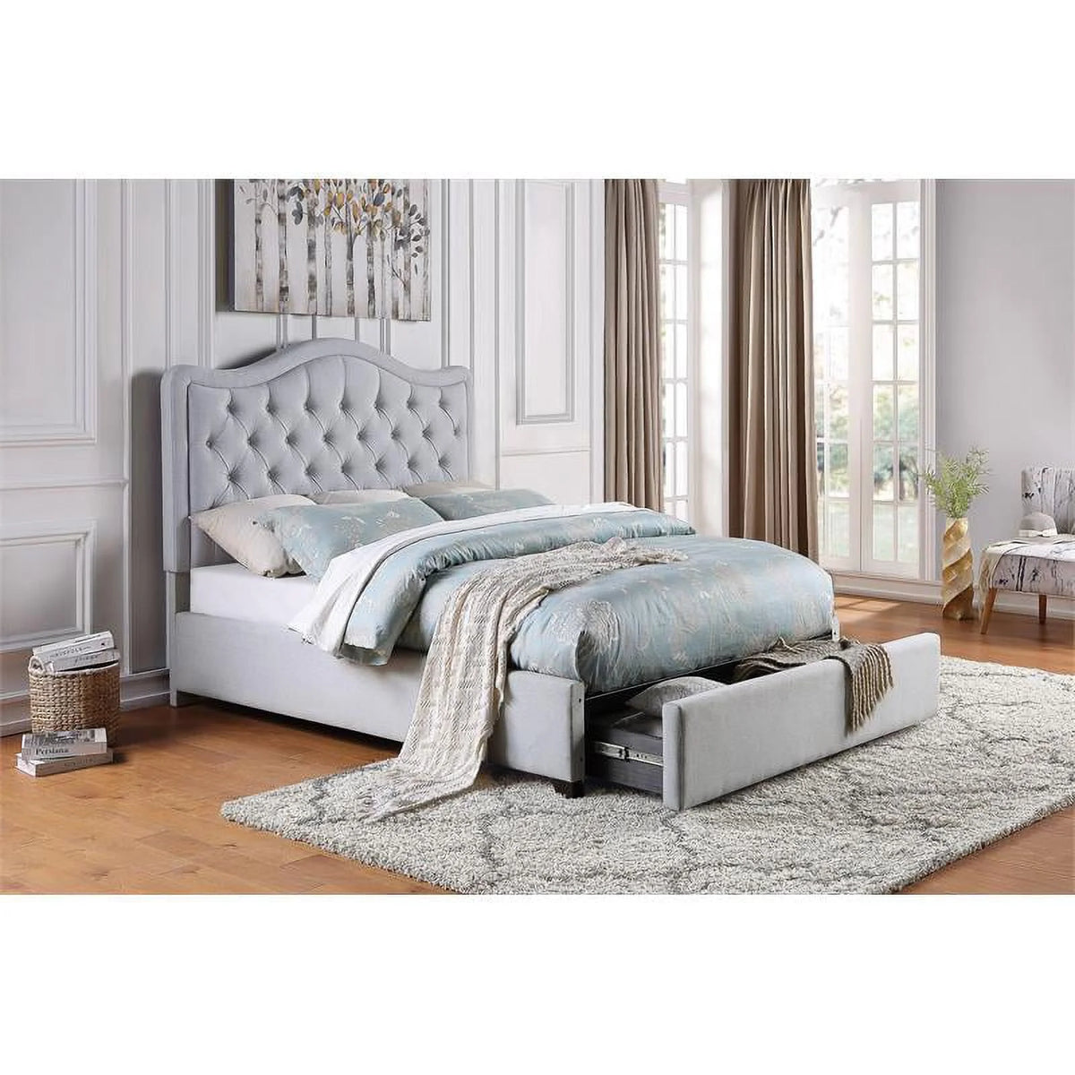 Gray Fabric Eastern King Platform Bed with Storage Drawer Z324