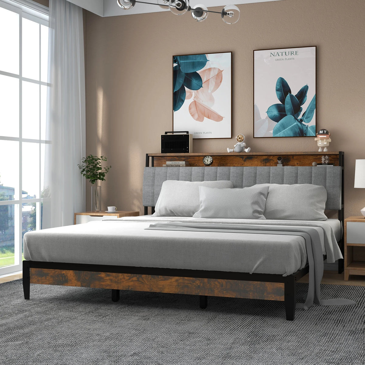 Full Size Upholstered Platform Bed Frame with Charging Station Z139146